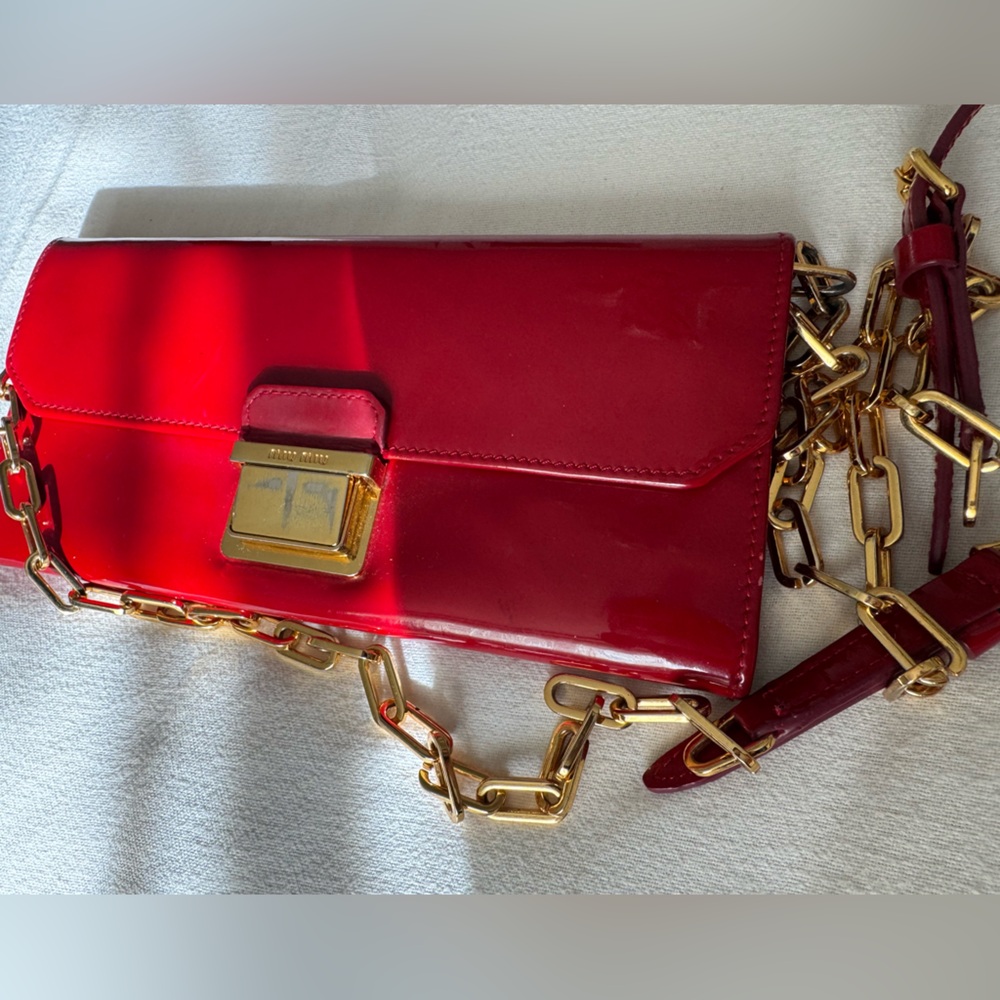 Authentic Miu Miu Red patent leatherClutch with Gold Chain